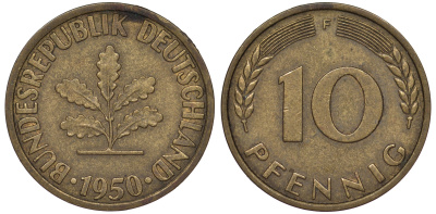 ФРГ 10 пфеннигов 1950 F KM 108, J 383 сталь плакированная латунью 25-1741