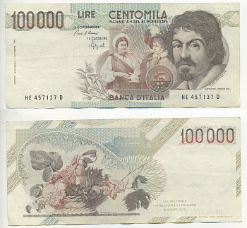 Италия 100000 лир 1983 Караваджо, фруктовый букет, подпись Speziali Pick 110b бумага 7220-19-2