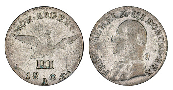 ПОЛЬША (ВОСТОЧНАЯ ПРУССИЯ) 3 ГРОША 1800 A, ФРИДРИХ ВИЛЬГЕЛЬМ III ПРУССКИЙ (1797-1840), МОНДВОР БЕРЛИН, Jg. 16, Olding 147, KM 60 серебро 00-00