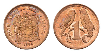ЮАР 1 цент 1994 герб, капские воробьи KM 132 сталь плакированная медью UNC 4694-124