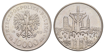 Польша 10000 злотых 1990 10 лет независимому самоуправляемому профсоюзу «Солидарность» Y 195 медно-никель UNC 4654-1033