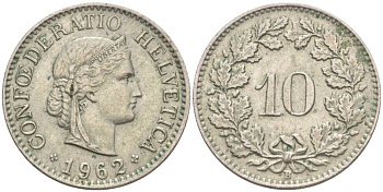 ШВЕЙЦАРИЯ 10 РАППЕНОВ 1962 В KM 27 медно-никель 55-336
