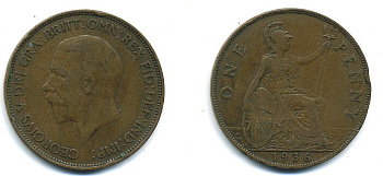 Великобритания 1 пенни 1936 Георг V (1910-1936) KM 838, Spink 4055 бронза 4110-246