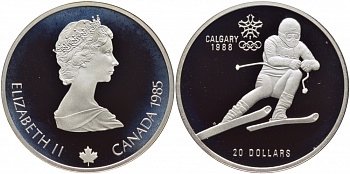 Канада 20 долларов 1985 XV зимние Олимпийские игры в Калгари 1988 года, слалом KM 145 серебро PROOF 04-102-31