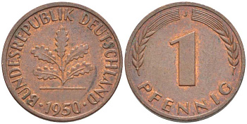 ФРГ 1 ПФЕННИГ 1950 J KM 105, J. 380 сталь плакированная медью 116-345