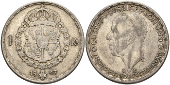 Швеция 1 крона 1947 TS, Густав V (1907-1950) KM 814 серебро 4148-1044