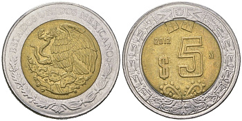 Мексика 5 песо 2012 KM 605 биметалл aUNC 4620-541