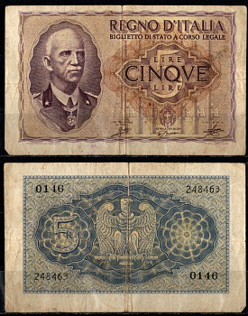 Италия 5 лир 1940 Pick 28 бумага 2198-38-3-1