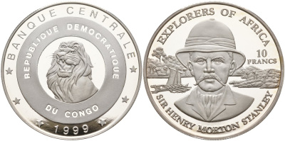 Конго 10 франков 1999 исследователи Африки - сер Генри Мортон Стенлей, тираж 10000 экз. KM 21 серебро PROOF 04-319-34