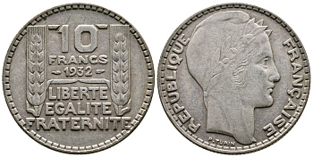 Франция 10 франков 1932 Пьер Тюрен KM 878, Le Franc 360.5 серебро 79-1541