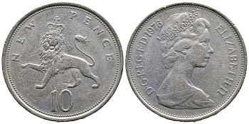 Великобритания 10 пенсов 1976 Елизавета II (1952-2022) KM 912, Spink 4231 (F1) медно-никель  4383-843