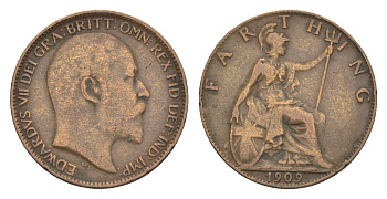 Великобритания 1 фартинг 1909 Эдуард VII (1901-1910) KM 792, Spink 3992 бронза 4658-937