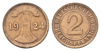 Германия 2 рейхспфеннига 1924 G KM 38, J. 314 бронза 4632-123