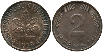 ФРГ 2 пфеннига 1975 G KM 106а, J.381а сталь плакированная медью 99-223