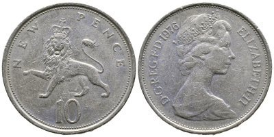 Великобритания 10 пенсов 1976 Елизавета II (1952-2022) KM 912, Spink 4231 (F1) медно-никель  4383-843