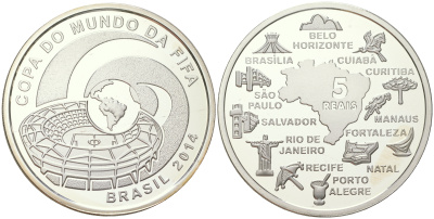 Бразилия 5 реалов 2014 Чемпионат мира по футболу 2014, города принимающие чемпионат мира, тираж 12.000 экземпляров, в оригинальной коробке, с сертификатом KM 702 серебро  PROOF  8-1-02-02