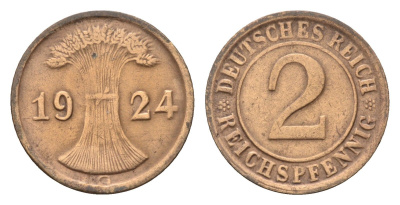 Германия 2 рейхспфеннига 1924 G KM 38, J. 314 бронза 4632-123