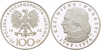 Польша 100 злотых 1976 MW, Казимир Пулавский (1747-1779) KM 84, Parchimowicz 275 серебро PROOF 1082-1-23