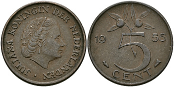 НИДЕРЛАНДЫ 5 ЦЕНТОВ 1955 ЮЛИАНА KM 181 бронза 95-315