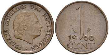 Нидерланды 1 цент 1966 Юлиана (1948-1980), малая дата КМ 180 бронза    4124-312