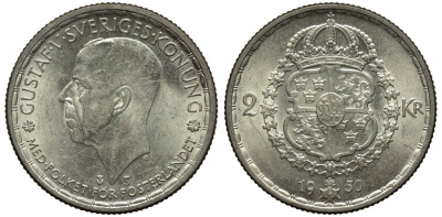 Швеция 2 кроны 1950 TS, Густав V (1907-1950) KM 815 серебро 221-622