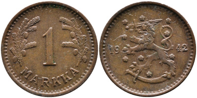 ФИНЛЯНДИЯ 1 МАРКА 1942 S KM 30а медь 4388-923