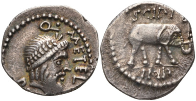 Римская Республика денарий 47 - 46 гг. до н.э. монетарий Кв. Метелл Пий Сципион, Q METEL PIVS, голова Юпитера в венке / SCIPIO IMP, слон, походный монетный двор в Африке, 3,42 гр Cr. 459/1; Syd. 1046 серебро 10-020-68