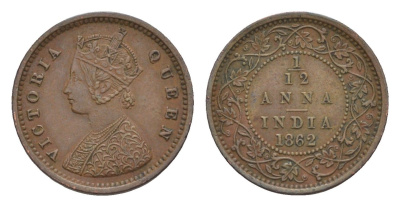 Британская Индия 1/12 анна 1862 KM 465 медь 1522-1231
