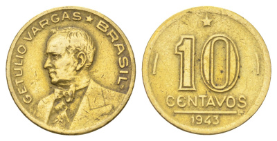Бразилия 10 сентаво 1943 KM 555a алюминиевая бронза 4668-1055