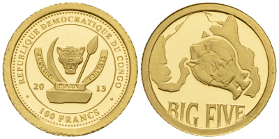 Конго 100 франков 2013 серия большая пятерка, носорог золото PROOF 00-804-16