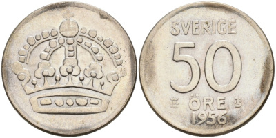 Швеция 50 эре 1956 TS, Густав VI Адольф (1950-1973) KM 825 серебро UNC 4364-3424