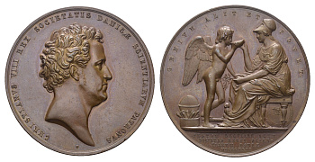 Дания медаль 1842 Кристиан VIII (1786-1848) королевское научное общество, медальер G. Christensen, диаметр 44 мм.  бронза   aUNC 00-807-47