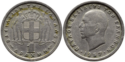 Греция 1 драхма 1957 Павел I (1947-1964) KM 81 медно-никель 4390-234