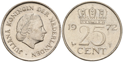Нидерланды 25 центов 1972 Юлиана (1948-1980) KM 183 никель    4598-464