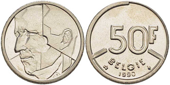 БЕЛЬГИЯ 50 ФРАНКОВ 1990 BELGIE, БОДУЭН I (1951-1993) KM 169 никель 4384-1237