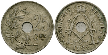Бельгия 25 сантимов 1922 Belgie KM 69 медно-никель 4165-844