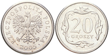 Польша 20 грошей 2005 Y 280 медно-никель UNC 4614-329