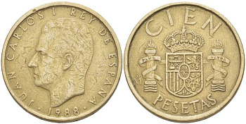 Испания 100 песет 1988 Хуан Карлос I (1975-2014) KM 826 алюминиевая бронза 4380-725