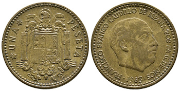 ИСПАНИЯ 1 ПЕСЕТА 1963 (65) ФРАНСИСКО ФРАНКО ДИКТАТОР ИСПАНИИ (1939-1975) KM 775 алюминиевая бронза 176-748