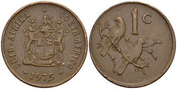 ЮАР 1 ЦЕНТ 1975 ГЕРБ, КАПСКИЕ ВОРОБЬИ KM 82 бронза 66-255