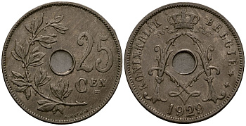 Бельгия 25 сантимов 1929 Belgie KM 69 медно-никель 4403-436