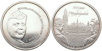 Нидерланды 5 евро 2013 100 лет Дворцу мира, Виллем-Александр (2013-) KM 333 медь плакированная серебром BU 210-517