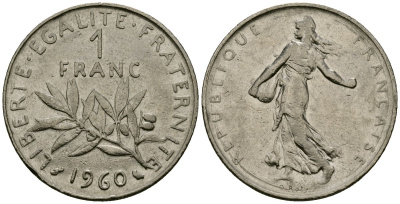 Франция 1 франк 1960 сеятель KM 925.1, Le Franc 226.4 никель 4138-251