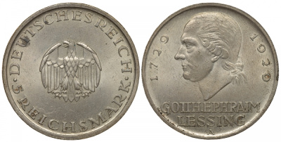 Германия 5 марок 1929 A, 200 лет со дня рождения Лессинга J. 336, КМ 61 серебро aUNC 00-804-01