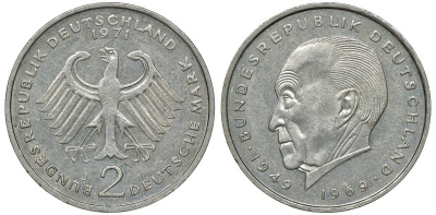 ФРГ 2 марки 1971 J, Конрад Аденауэр KM 124, J. 406 медно-никель плакированный никелем UNC 4681-1041