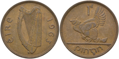 Ирландия 1 пенни 1963 курица с цыплятами KM 11 бронза 4144-1121