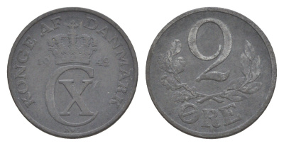 Дания 2 эре 1942 N, Кристиан X (1912-1947) KM 833a цинк 4639-811