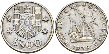 Португалия 5 эскудо 1979 парусник KM 591 медно-никель  UNC  4161-811