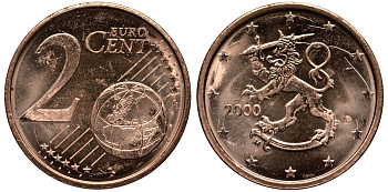 ФИНЛЯНДИЯ 2 ЕВРОЦЕНТА 2000 KM 99 сталь плакированная медью UNC 4181-464