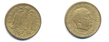 Испания 1 песета 1947 (53) Франсиско Франко (1939-1975) KM 775 алюминиевая бронза 54-225